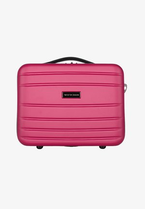 Valigia rigida rosa con strisce texturizzate, accenti neri e una maniglia robusta. Presenta ruote a sfera lisce per una facile mobilità.
