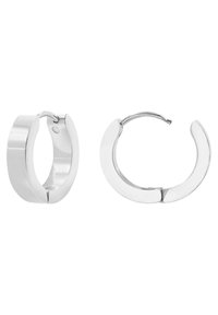 Orecchini a cerchio in argento con finitura lucida, forma arrotondata e chiusura a scatto. Texture liscia senza motivi o decorazioni visibili.