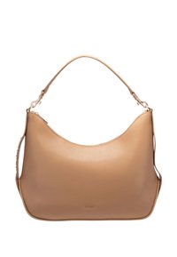 Borsa a spalla in pelle beige con una sola tracolla, texture liscia e hardware dorato discreto, con il marchio "Joop!" sul davanti.