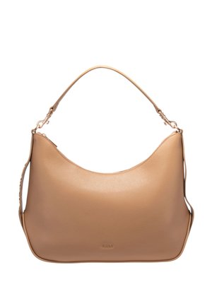 Borsa a spalla in pelle beige con una sola tracolla, texture liscia e hardware dorato discreto, con il marchio "Joop!" sul davanti.