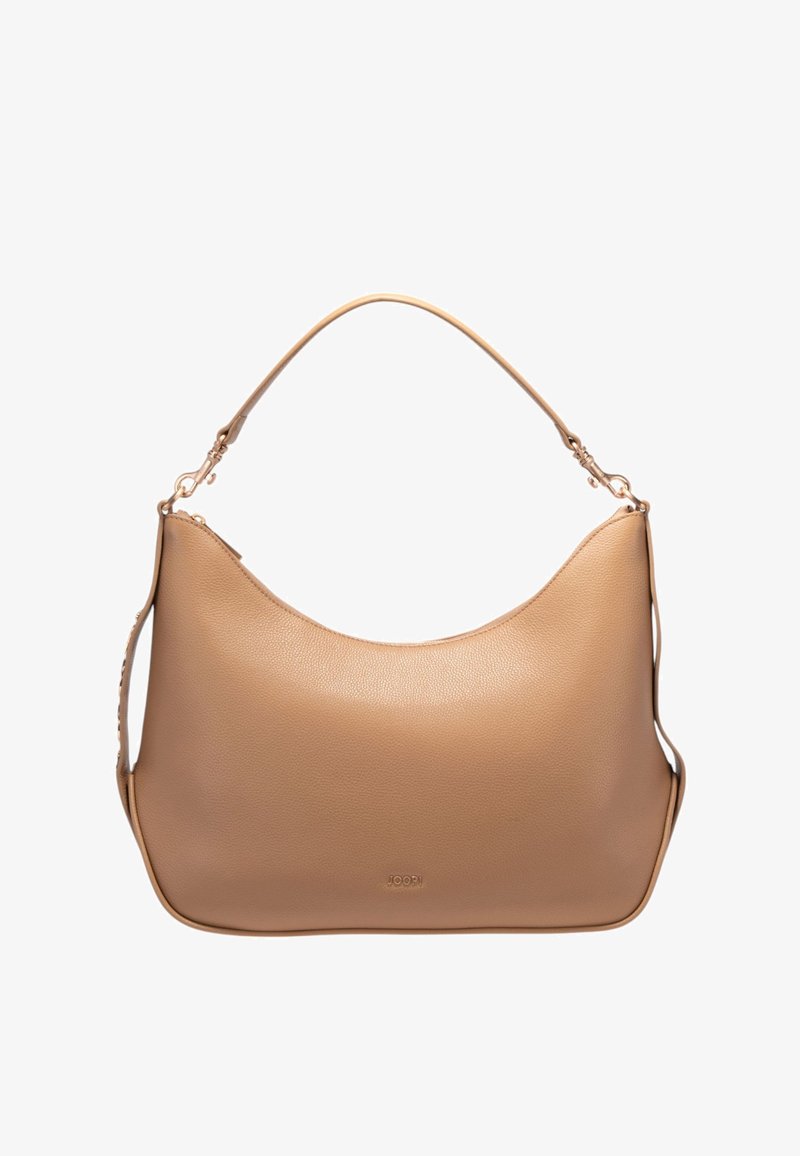 Beige læder skuldertaske med en enkelt rem, glat tekstur og diskret guldbeslag, mærket "Joop!" på forsiden.