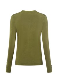Sweter dziany w olive green z okrągłym dekoltem, długimi rękawami, ściągaczami na mankietach oraz gładką fakturą i dopasowanym krojem.