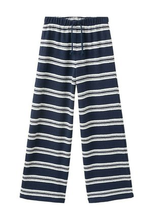 Pantalon large bleu marine avec des rayures horizontales blanches et une taille élastique munie d'un cordon noir.