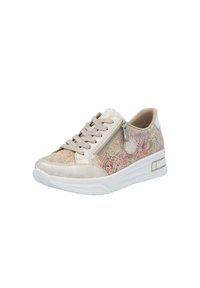 Sneaker beige avec un dessus texturé multicolore, une fermeture éclair sur le côté et un détail rond. Semelle blanche épaisse avec des éléments de design contrastés.