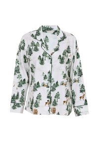 Maglia da pigiama a maniche lunghe in cotone bianco con stampa di foresta e animali verdi, dotata di piping verde scuro a contrasto e chiusura con bottoni.