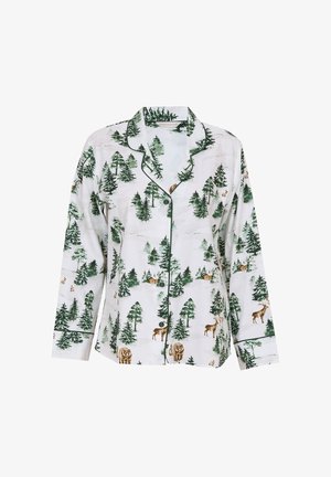 Maglia da pigiama a maniche lunghe in cotone bianco con stampa di foresta e animali verdi, dotata di piping verde scuro a contrasto e chiusura con bottoni.