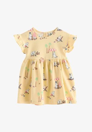 Gul kjole til småbørn med flæseærmer med Mumi-figurer ved stranden, paraplyer, palmer og sandslotter mønster.