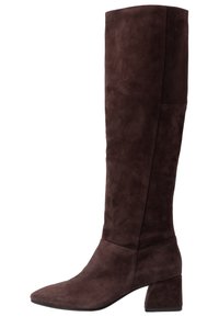Botte en suede marron, jusqu'au genou, avec un bout carré, un talon empilé et une texture lisse. Design simple sans quincaillerie ni embellissements supplémentaires.