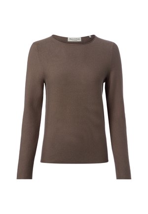 Brown long-sleeve knit sweater with a crew neckline and a slim fit, labeled Marc O’Polo at the collar.