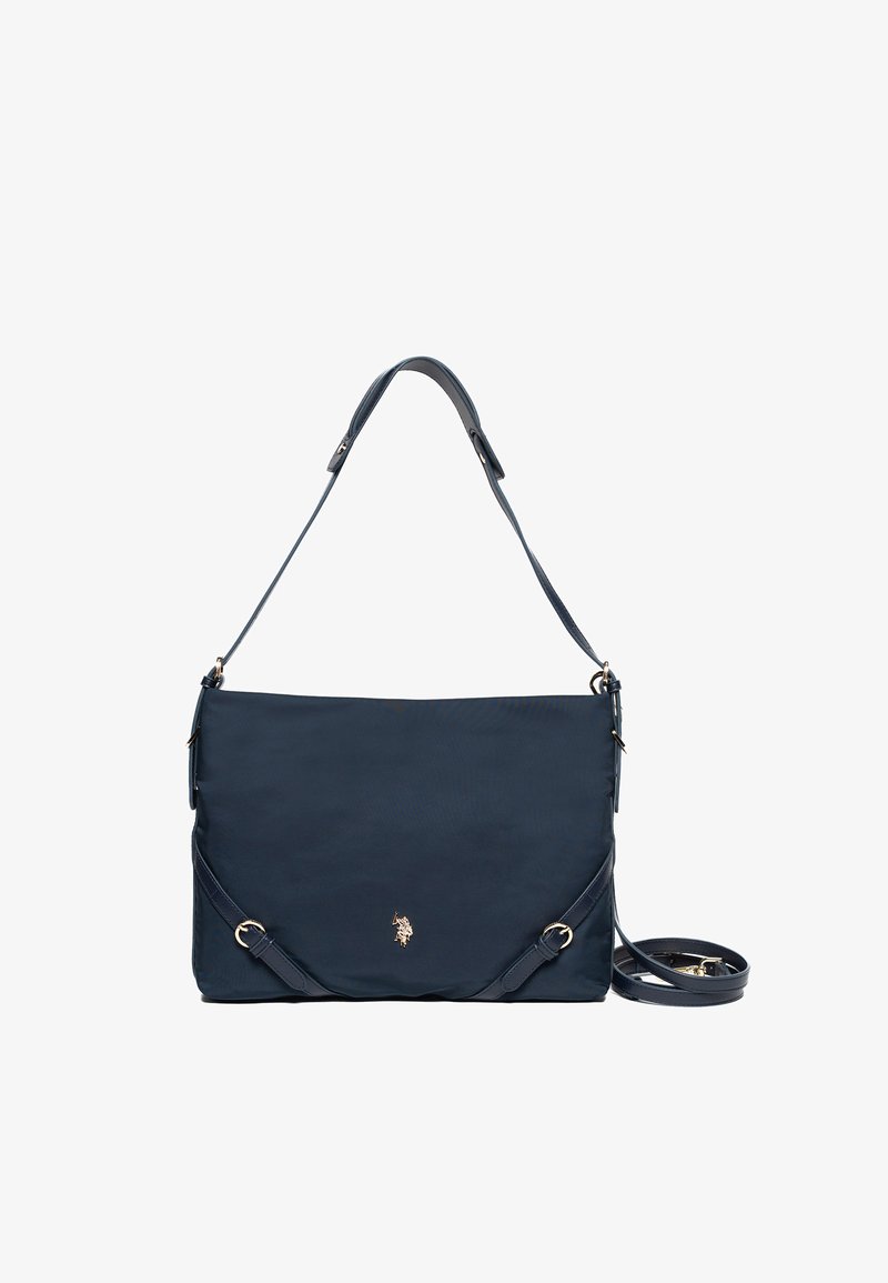 Borsa a tracolla blu navy con una texture liscia e opaca, caratterizzata da un logo prominente e una tracolla regolabile, progettata per opzioni di trasporto versatili.