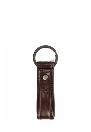 Brauner Leder-Schlüsselanhänger mit Metallring und Druckknopf, mit genähten Kanten und geprägtem Logo an der Schlaufe.