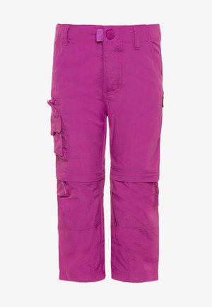 Pink cargo pants made of lightweight fabric, with side pockets, a button closure, and a straight cut. The texture appears smooth and durable.