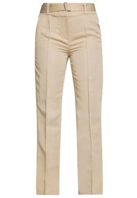 Beige broek van een gladde stof, met een rechte pijp, twee voorzakken en subtiele textuurdetails langs de naden.