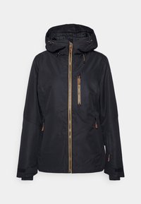 Schwarze wasserdichte Jacke mit Kapuze, ausgestattet mit goldenen Reißverschlüssen, Seitentaschen und verstellbaren Bündchen. Glatte Textur mit einem lässigen Design.