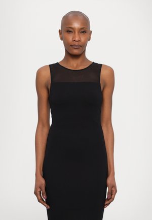 Black sleeveless dress with a sheer mesh panel at the neckline, solid fitted design, and smooth jersey fabric. Simple and elegant silhouette.
