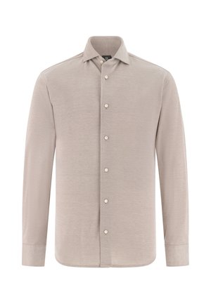 Chemise beige à manches longues avec col classique et poignets boutonnés, présentée sur un fond blanc.