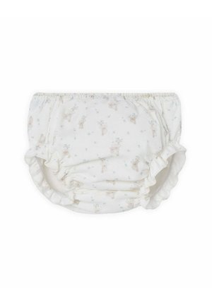 Culotte de couche en tissu blanc avec un motif floral et des animaux de la forêt. Elle présente des bords volantés et une taille élastique pour le confort et l'ajustement.