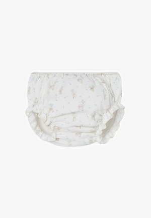 Culotte de couche en tissu blanc avec un motif floral et des animaux de la forêt. Elle présente des bords volantés et une taille élastique pour le confort et l'ajustement.