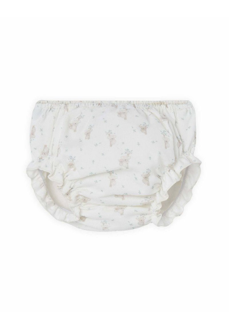 Culotte de couche en tissu blanc avec un motif floral et des animaux de la forêt. Elle présente des bords volantés et une taille élastique pour le confort et l'ajustement.