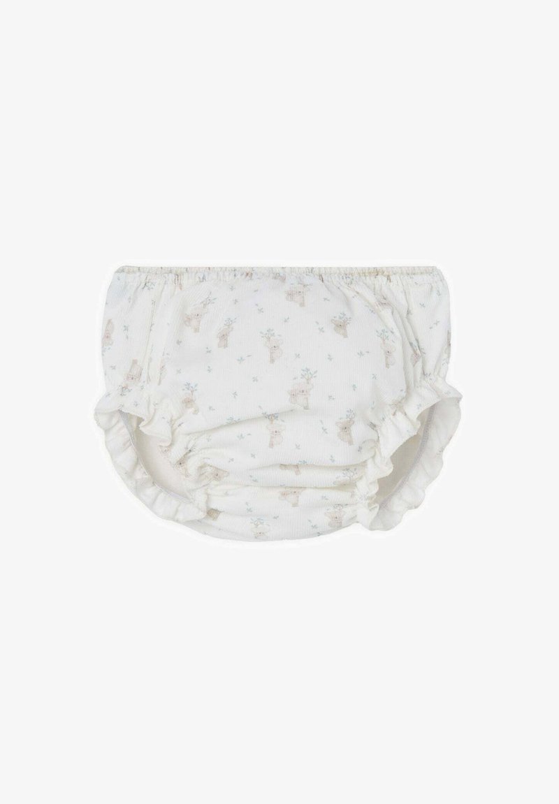 Culotte de couche en tissu blanc avec un motif floral et des animaux de la forêt. Elle présente des bords volantés et une taille élastique pour le confort et l'ajustement.