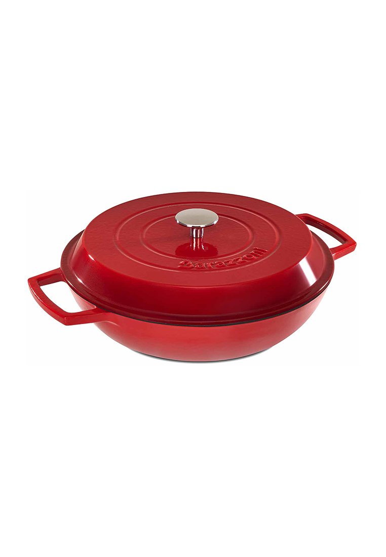 Czerwony żeliwny garnek do gotowania o gładkiej powierzchni, okrągłym kształcie, podwójnych uchwytach i metalowym pokrętle na pokrywie.
