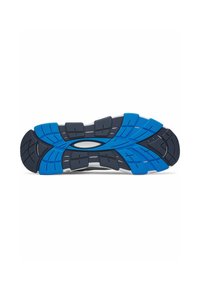 Blue and gray rubber shoe sole with distinct tread patterns, featuring a textured surface and curved shapes for grip.