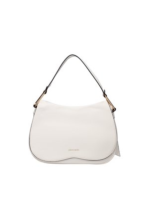 Borsa a tracolla in pelle bianca con silhouette curva, dotata di un bordo nero, una tracolla singola e hardware color oro. Dettagli di design minimalista.
