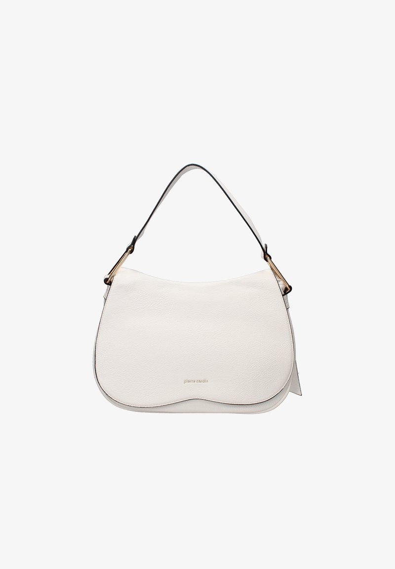 Witte leren handtas met een gebogen silhouet, voorzien van een zwarte rand, enkele schouderband en goudkleurige hardware. Minimalistisch ontwerp.