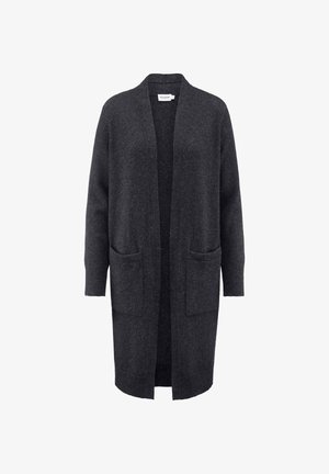 Langer, dunkelgrauer Cardigan aus weichem Stoff, mit offener Vorderseite, langen Ärmeln und zwei aufgenähten Taschen auf der Vorderseite. Mit dezenter Textur gestaltet.