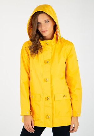 Veste imperméable jaune avec capuche, dotée d'une fermeture éclair à l'avant, d'une fermeture à boutons et de deux poches à l'avant. Texture lisse et design pratique.