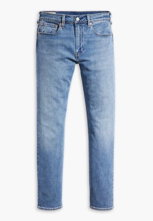 Light blue denim jeans, straight-leg design, five-pocket style, orange stitching, button closure, and hemmed cuffs.