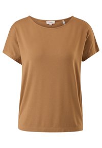 Brun T-shirt med korte ærmer og rund hals, lavet af blødt stof med en glat tekstur og uden synlige mønstre eller detaljer.