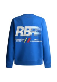 Μπλε φούτερ με λευκό κείμενο "RBR" και ρίγες, "Διαγωνιζόμενοι από το '04" και "Ελίτ Απόδοση" εκτυπωμένα στην πλάτη, λογότυπο Pepe Jeans από πάνω.