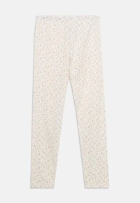 Leggings made of soft, stretchy fabric featuring a cream base with small multi-colored floral patterns throughout. Elastic waistband included.
