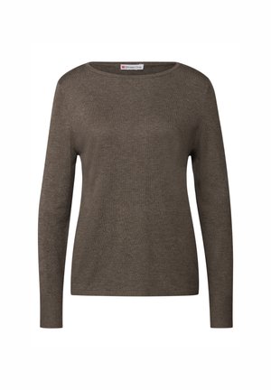 Dark brown long-sleeve sweater with a round neckline, ribbed cuffs, and hem. Made of soft knit material with a smooth texture.