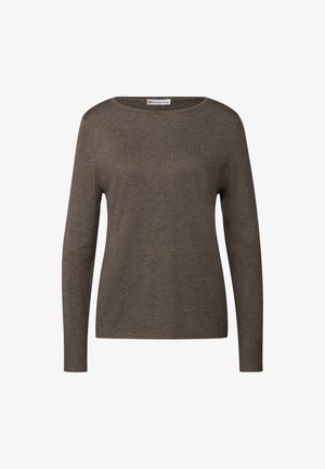 Pull marron foncé à manches longues avec un col rond, des poignets et un ourlet côtelés. Fabriqué en matériau tricoté doux avec une texture lisse.