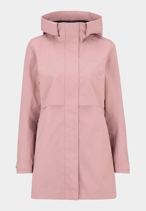 Roze waterdichte jas met een hoge kraag en capuchon, met een minimalistisch ontwerp en subtiele branding op de borst. Eenvoudige sluiting en slanke lijnen.