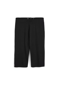 Leggings neri fino al ginocchio realizzati in un tessuto morbido ed elastico. Presentano una vita elastica e nessuna cucitura o motivo visibile.