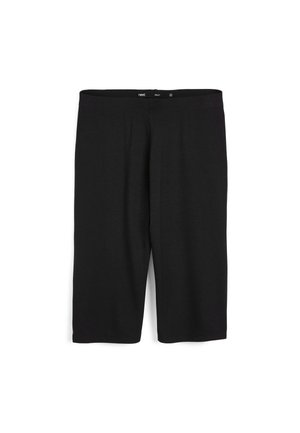 Fekete, térd középig érő leggings, puha, rugalmas anyagból. Gumírozott derékkal rendelkezik, és nincs látható varrás vagy minta.