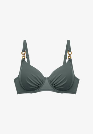 Moulded bh van donkergroene stof, met licht geplooide cups, brede band, verstelbare bandjes en accenten van goudkleurig metaal.