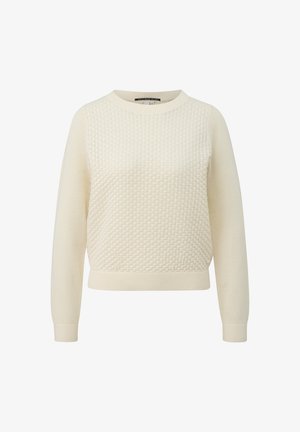 Jasna kremowa dzianinowa sweter z teksturowanym wzorem w diamenty, okrągłym dekoltem i długimi rękawami. Żebrowany dół i mankiety dla lepszego dopasowania.