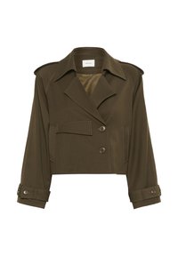 Olijfgroene cropped jack met een dubbelgebreid ontwerp, grote revers, twee voorkanten zakken en knoopdetails op de mouwen.
