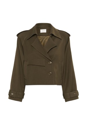 Olive green cropped jacket with a double-breasted design, large lapels, two front pockets, and button details on cuffs.