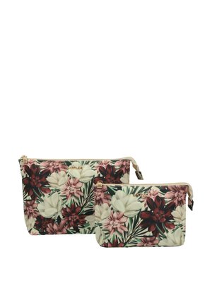 Set di due pochette floreali con un motivo bianco, rosa e bordeaux su uno sfondo beige, con cerniere e dettagli in tonalità dorata.