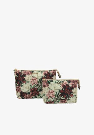 Set di due pochette floreali con un motivo bianco, rosa e bordeaux su uno sfondo beige, con cerniere e dettagli in tonalità dorata.