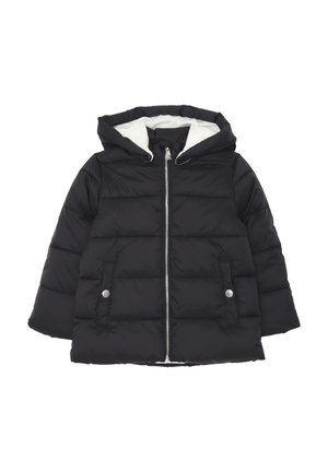 Giacca a vento nera con cappuccio, caratterizzata da zip frontale, due tasche laterali con dettaglio a bottone e un rivestimento interno bianco.