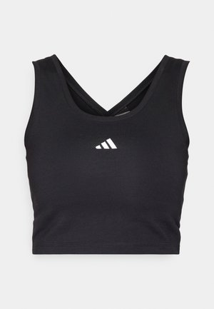 Black cropped sports bra with a crossover design, made from smooth fabric. Features a white Adidas logo on the front.