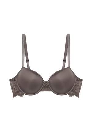 Soutien-gorge à armatures moulées en satin gris foncé avec des accents en dentelle sur les côtés. Bretelles ajustables pour un ajustement personnalisé. Texture lisse.