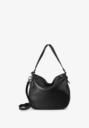 Schwarze Leder-Hobo-Tasche mit strukturiertem Finish, einem einzelnen oberen Griff und einem verstellbaren Schultergurt. Sie verfügt über ein lässiges Design.