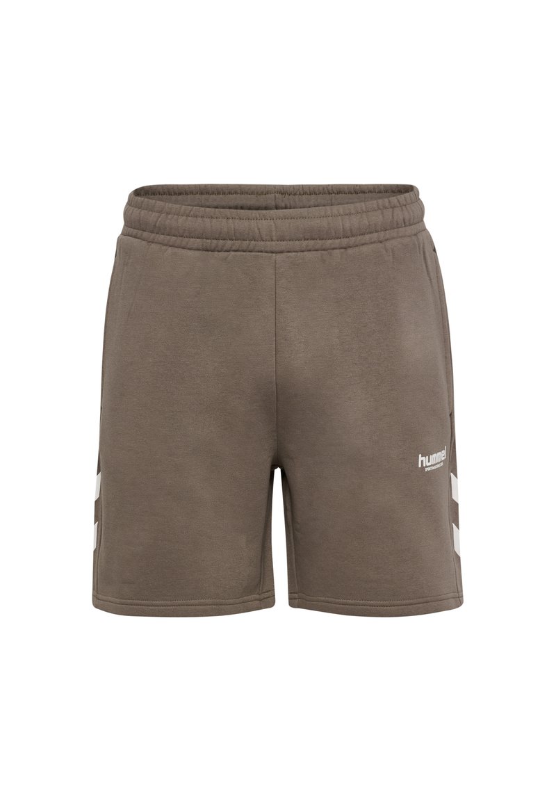 Bruna sportshorts i mjukt tyg, med elastisk midjeresår och vita sidostrippar samt en logotyp på nedre framsidan.